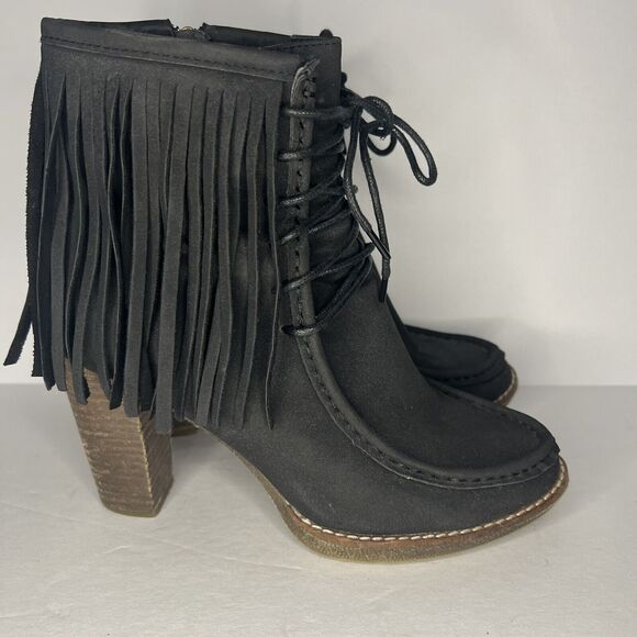 Bucco Black Fringe Block Heel Side Zip Booties Size 8 - Picture 4 of 9